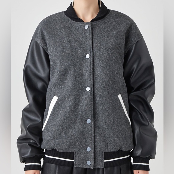 New ENGLISH FACTORY Mixed Media Baseball Collar Bomber Jacket Black - Picture 8 of 11